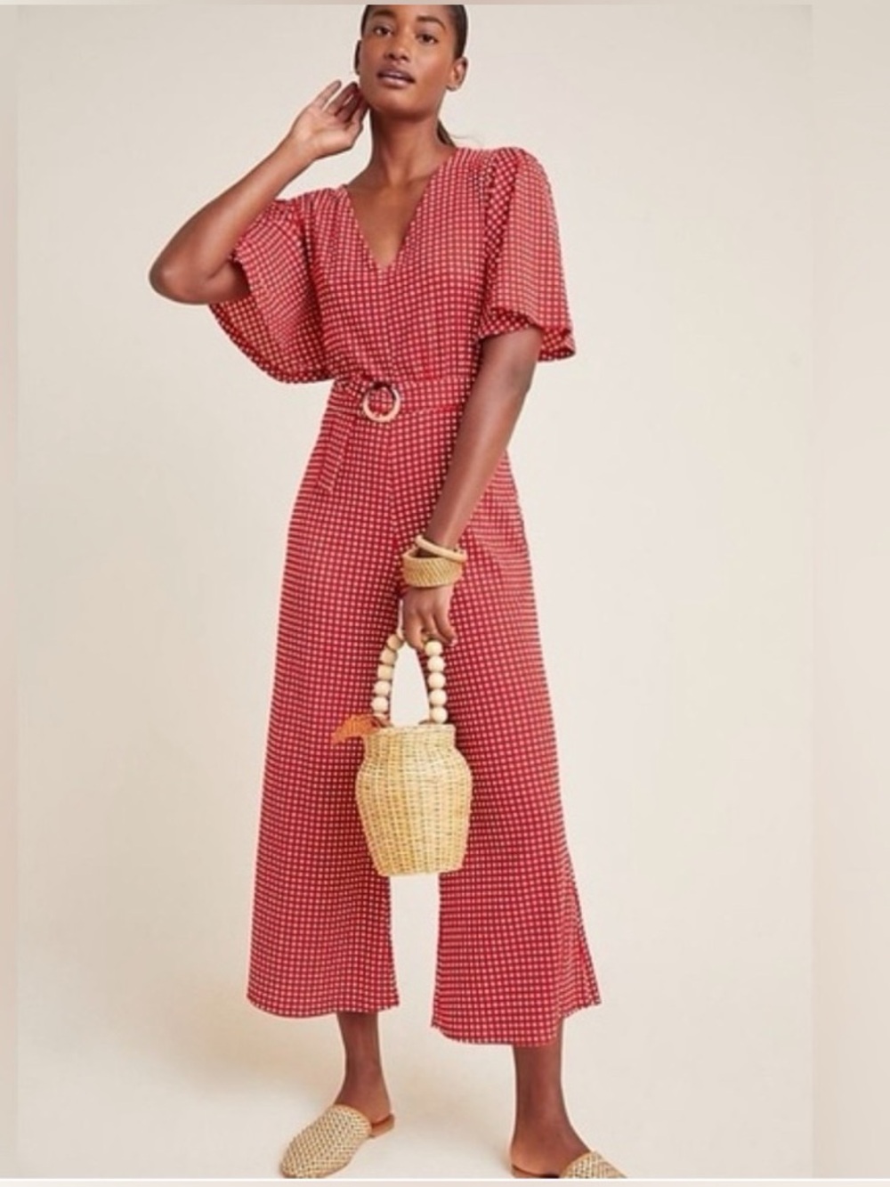 Anthropologie ett twa Margaret Cropped Jumpsuit Red & White Polka Dot. Size 4